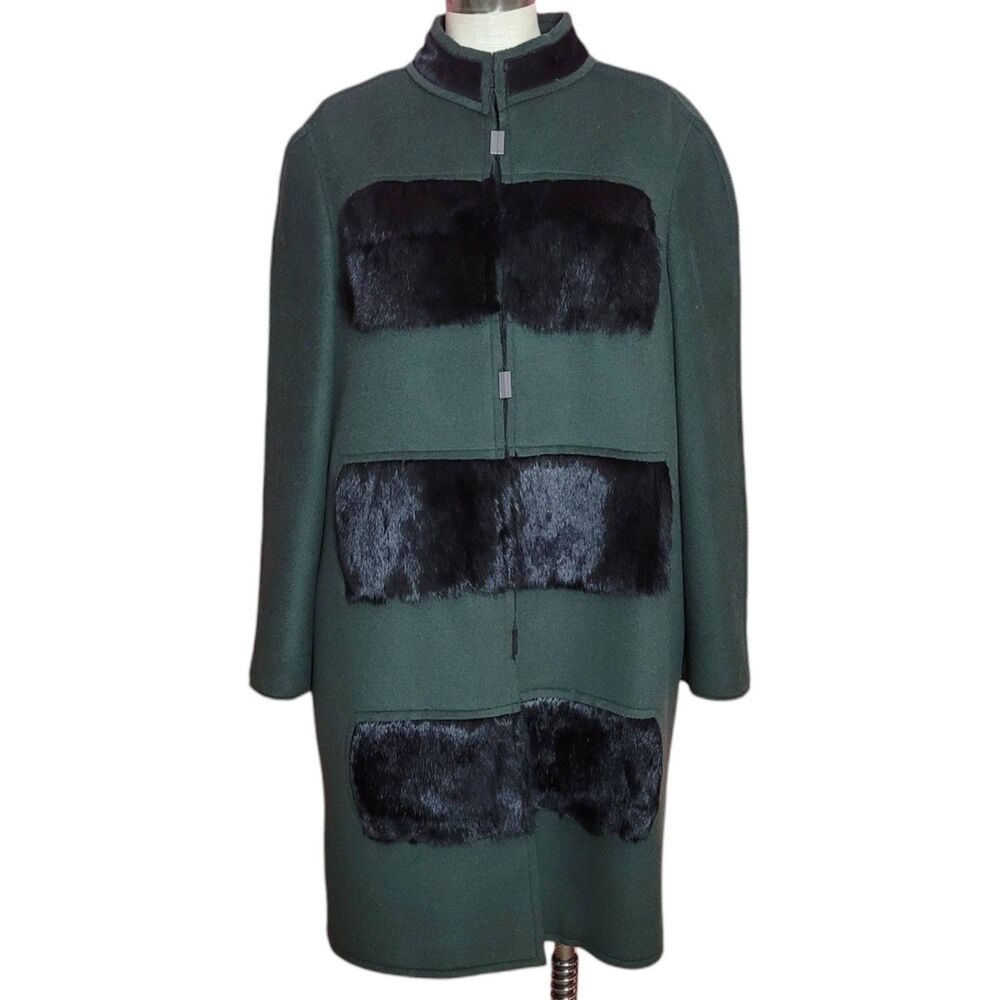 Elie Tahari Hilary Green Wool Coat with Rabbit Fur Panels - Picture 4 of 11